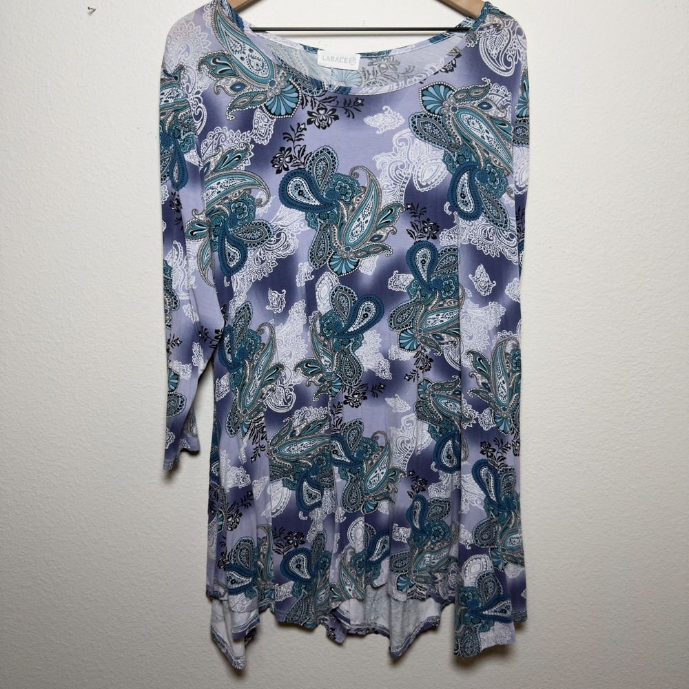 Larace Women Tunic‎ Top 3X Blue Green Paisley Artsy Lagenlook Asymmetrical Hem